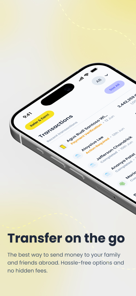 MoneyMatch - MoneyMatch mobile app interface on a smartphone showing transaction history for international money transfers