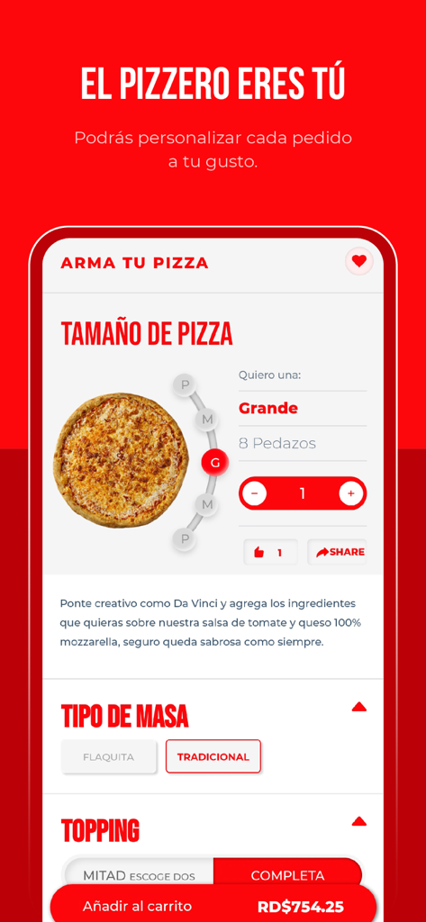 Pantalla de la app Pizzarelli para personalizar una pizza incluyendo opciones de tamaño y masa