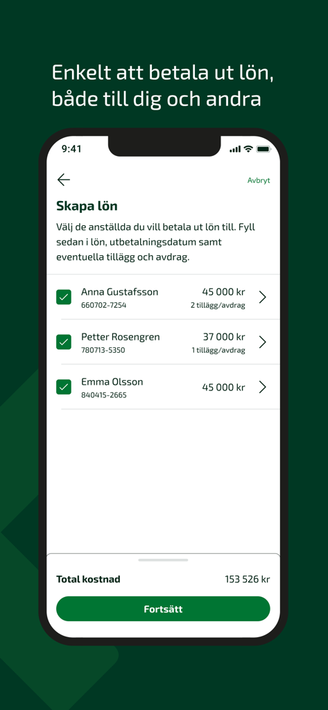 Fortnox mobile app screen showing payroll management and employee salary processing