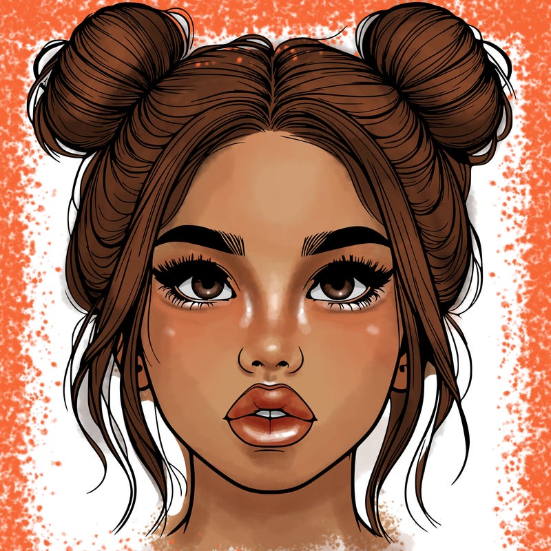 realistic girl with two buns on her hair and lips