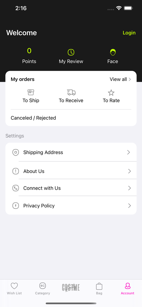 Costmebeauty - User account interface of the Costmebeauty app showing order tracking rewards and settings