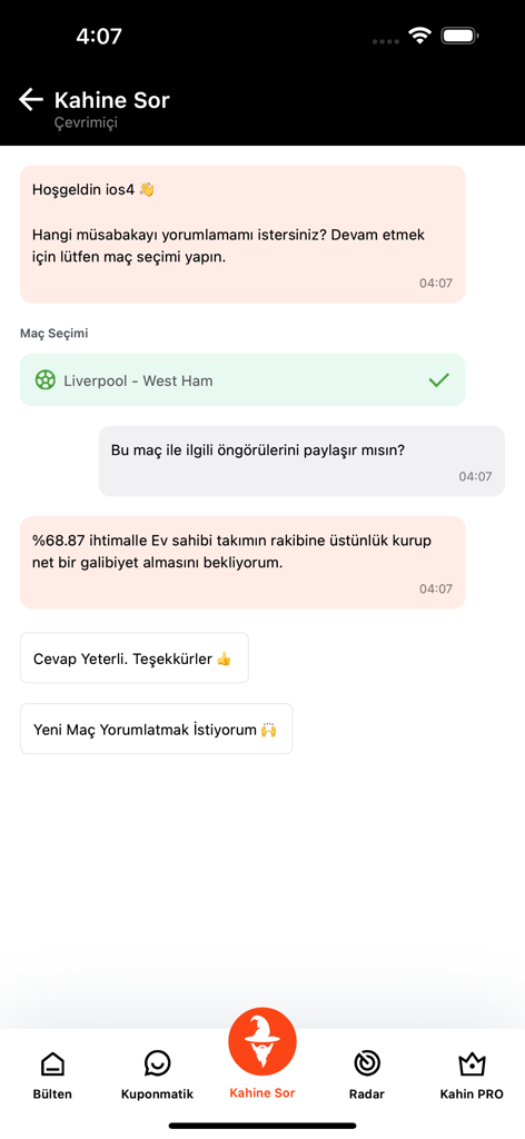 Kahin - Betting Analysis - KI-Chat-Oberfläche in der Kahin-App, die Sportwettenvorhersagen anzeigt