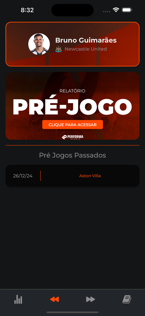 Performa Sports - Performa Sports mobile app interface showing a pre-match tactical report dashboard for professional soccer players.