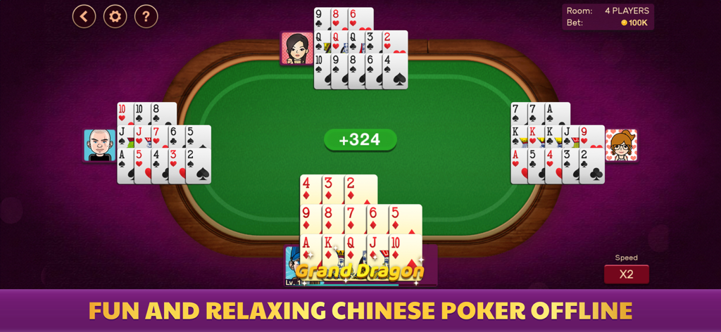 Chinese Poker - Pusoy Offline - Gameplay di Pusoy Cinese Offline che mostra quattro giocatori e una mano Grand Dragon su un tavolo verde.