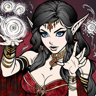 realistic scary beautiful elf sorceress casting spell