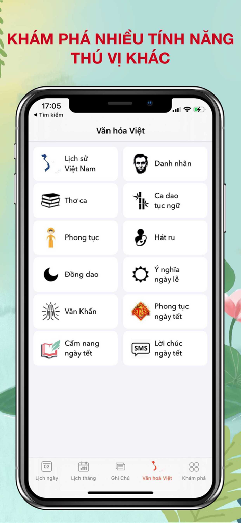 A menu of Vietnamese cultural features in the app including history, poetry, and holiday customs.