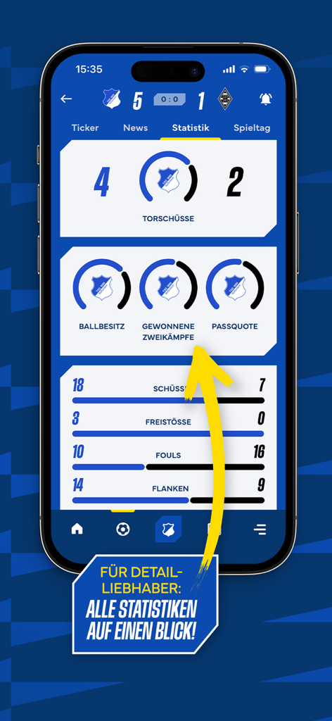TSG 1899 Hoffenheim - 점유율 및 골 슛을 포함한 상세한 실시간 경기 통계를 표시하는 TSG 1899 호펜하임 모바일 앱