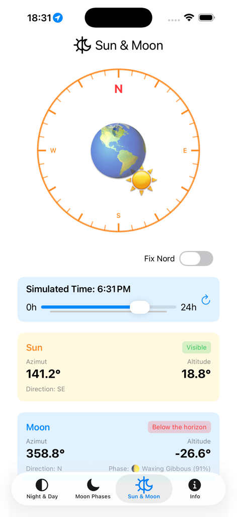 Sonne-und-Mond-Position-Oberfläche in der Nacht-und-Tag-App, die Azimut- und Höhenwinkeldaten zeigt