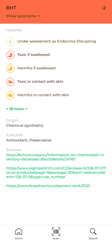 GreenScan - A detailed analysis of the chemical ingredient BHT in the GreenScan app showing toxic hazards and a negative safety rating
