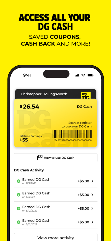 Dollar General app interface displaying DG Cash balance and digital rewards wallet with a scanable barcode