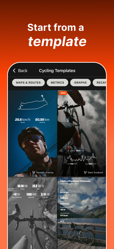 Fitshot - Interface de l'application Fitshot montrant des modèles esthétiques d'entraînement cycliste avec cartes et métriques.