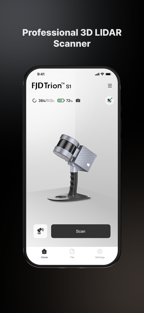 FJD Trion Scan - FJD Trion Scan app home screen displaying the FJD Trion S1 LiDAR scanner device with a scan button and status indicators