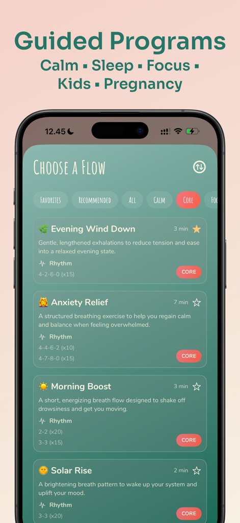 Paced Breathing - Breath Coach - Screenshot of the Paced Breathing app showing a list of guided breathing programs including Evening Wind Down and Anxiety Relief.
