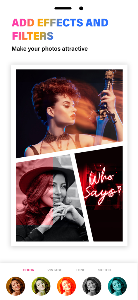 Interface do aplicativo Criador de Colagens mostrando filtros de fotos e uma colagem estética com efeitos.