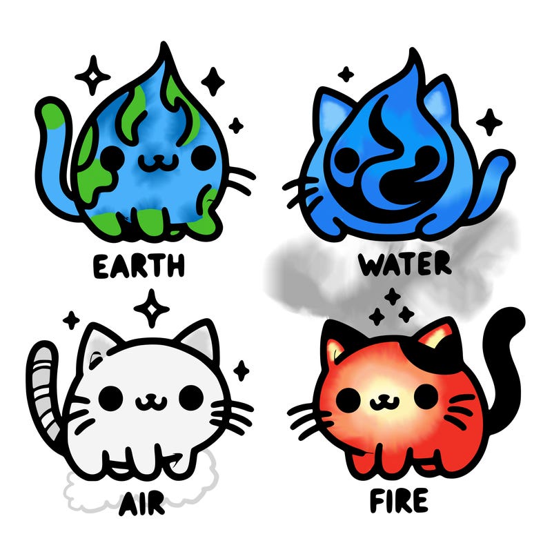 4 cats that represent the different elements, earth, water, air, and fire