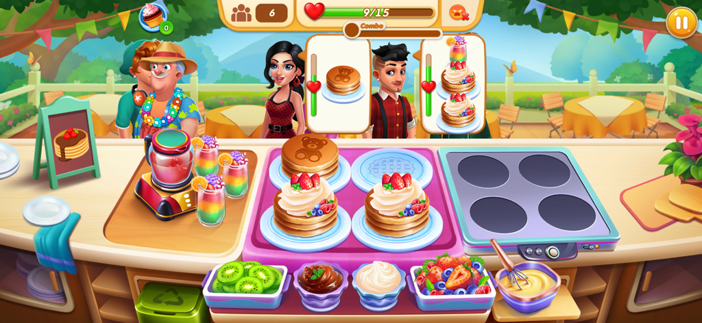 Chef Adventure: Cooking Games - Gameplay of Chef Adventure: Cooking Games showing a chef preparing pancakes and smoothies for customers at an outdoor cafe.