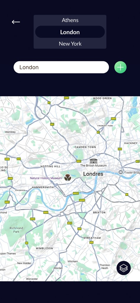 Simple Digital compass for you - Screenshot of the Simple Digital Compass app showing a map of London and a city selection menu