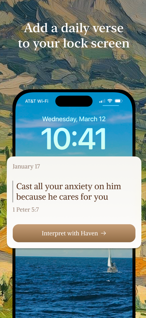 iPhone lock screen showing a daily Bible verse widget from the Haven app.
