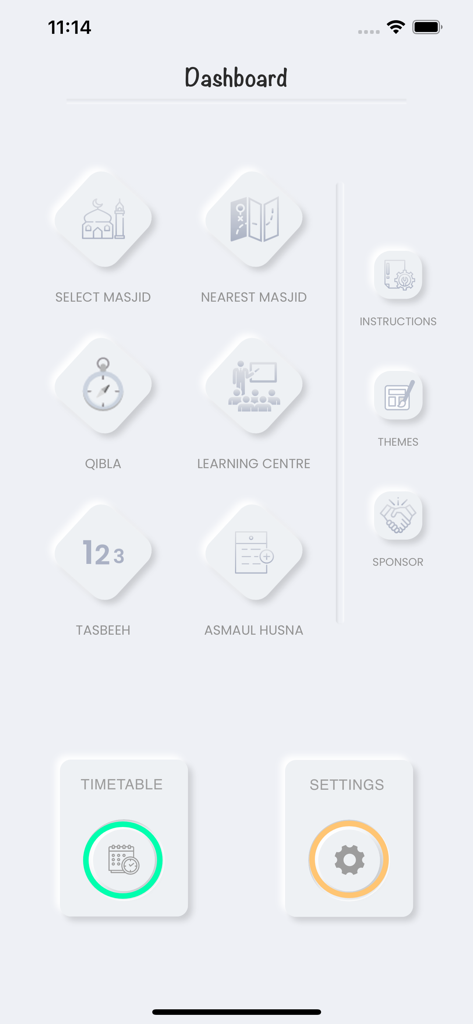 Main dashboard of the Masjid Timetable app showing icons for selecting masjids, Qibla compass, and prayer schedules.