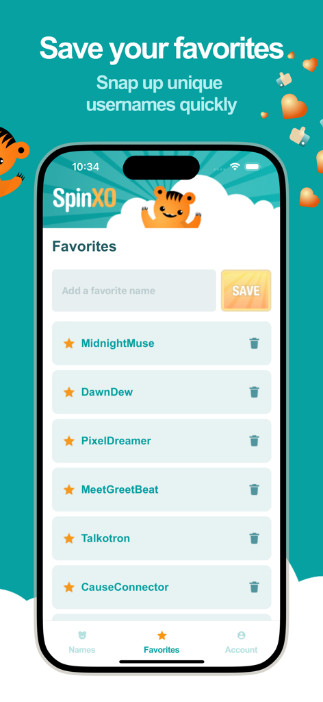 SpinXO Username Generator - La schermata dei preferiti dell'app SpinXO che mostra un elenco di nomi utente unici salvati
