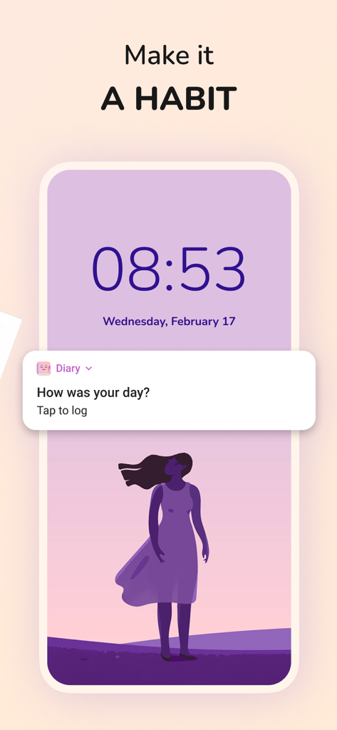 Daily Journal: Diary with Lock - ロック画面に、その日の記録を促す日記のリマインダー通知を表示するスマートフォン