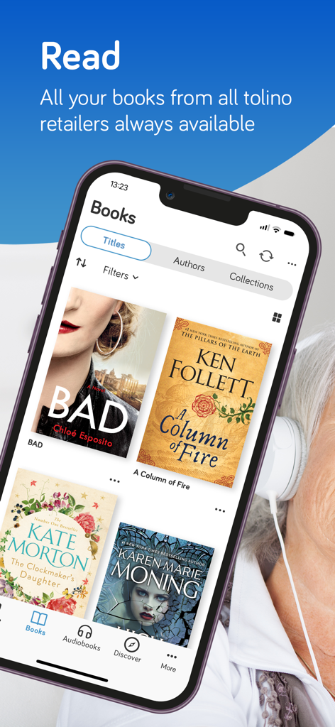 Tolino app interface showing a curated library of ebooks and audiobooks on a smartphone.