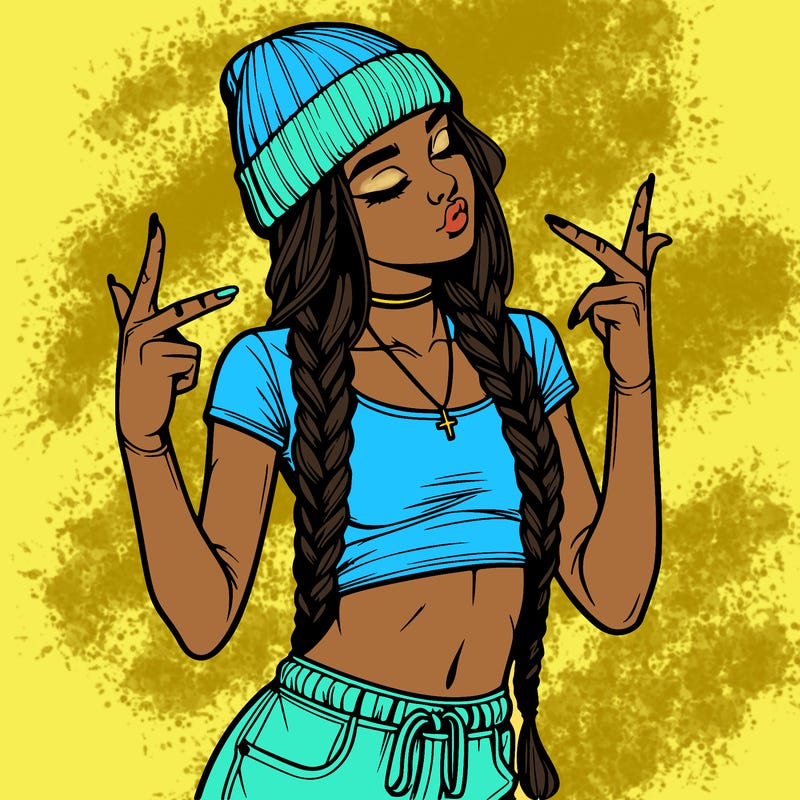 realistic teenage girl with braids and a beanie and crop top doing 🫶🏼