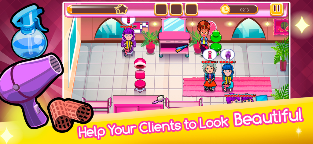 Top Beauty Salon: Hair Games - Gameplay of Top Beauty Salon showing characters receiving hair treatments and styling services in a colorful salon setting.