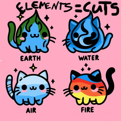 4 cats that represent the different elements, earth, water, air, and fire