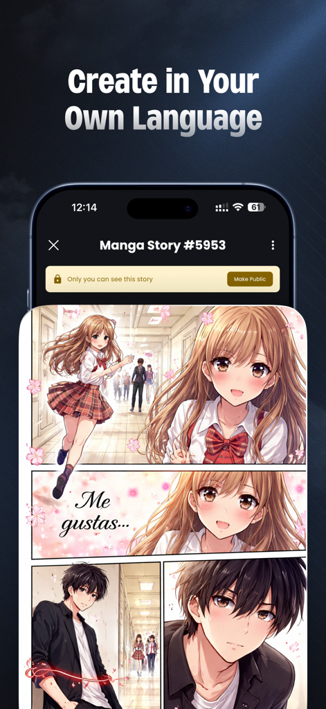 Mangii: AI Manga & Anime Art - Mangii app interface showing an AI-generated manga story in Spanish with anime-style characters in a school hallway.