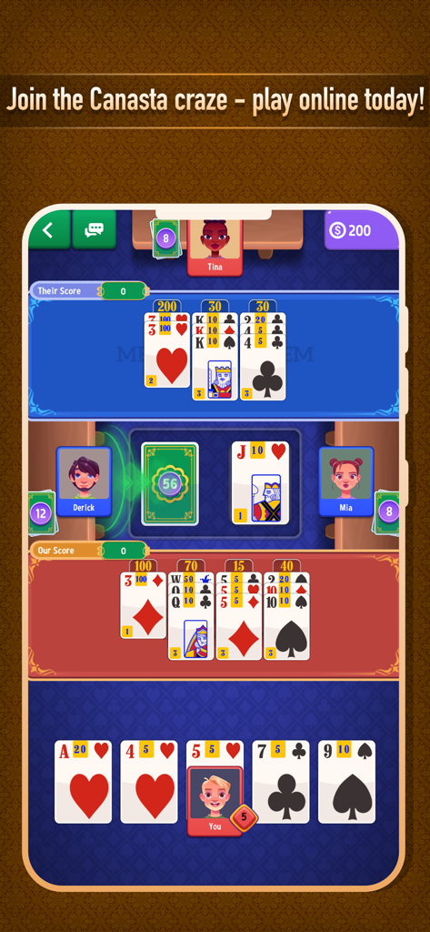 Canasta! - Online multiplayer gameplay of Canasta card game showing melds and player avatars