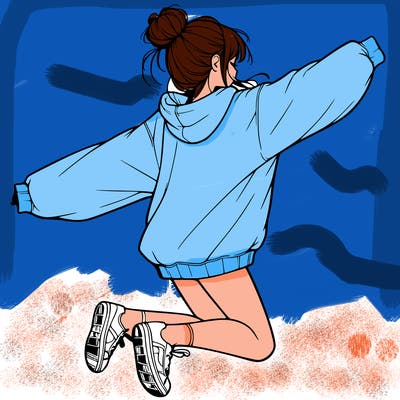 realistic girl jumping with a bun and oversized sweatshirt