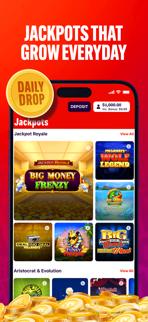 Bally Bet Sportsbook & Casino - Pantalla de la aplicación Bally Bet que muestra juegos de tragaperras con jackpot diario y la colección Jackpot Royale