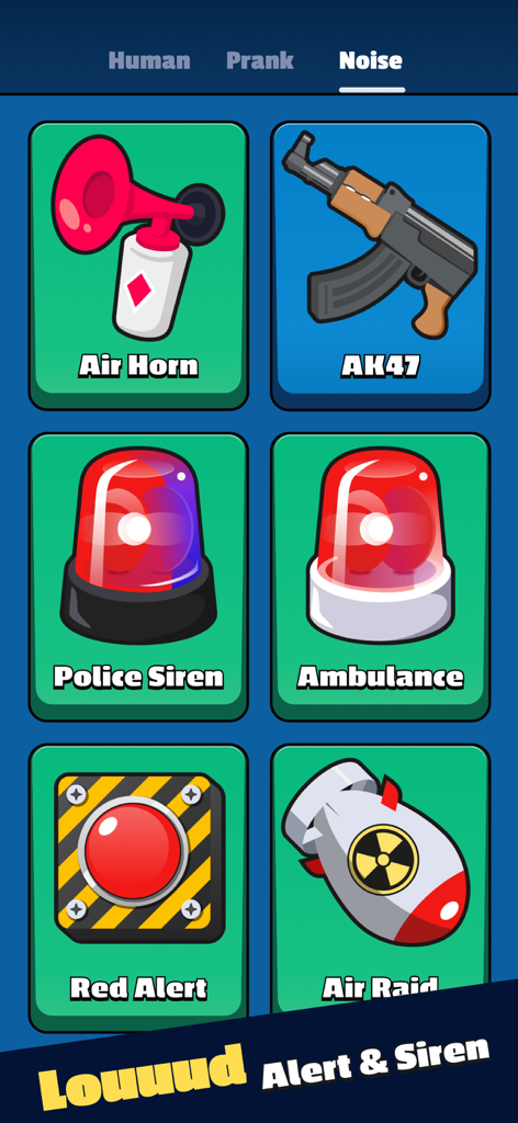 Prank Sounds - Fart Button App - Interface of the Prank Sounds app showing a grid of buttons for air horn, police siren, and other loud alert noises.