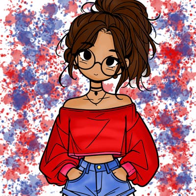 girl with a messy ponytail glasses a baggy crop top and jean shorts