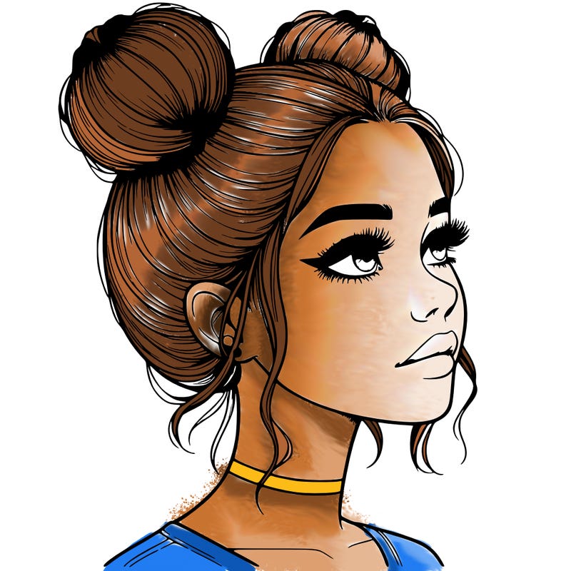 realistic girl with buns on the top of her head