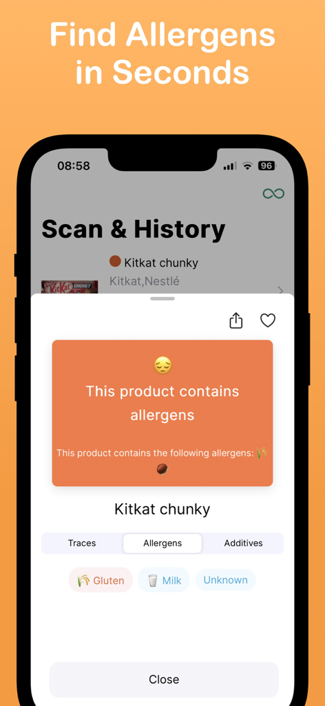 Food Allergy Scanner - Bokha - Mobile app screen showing an allergen warning for a scanned food product