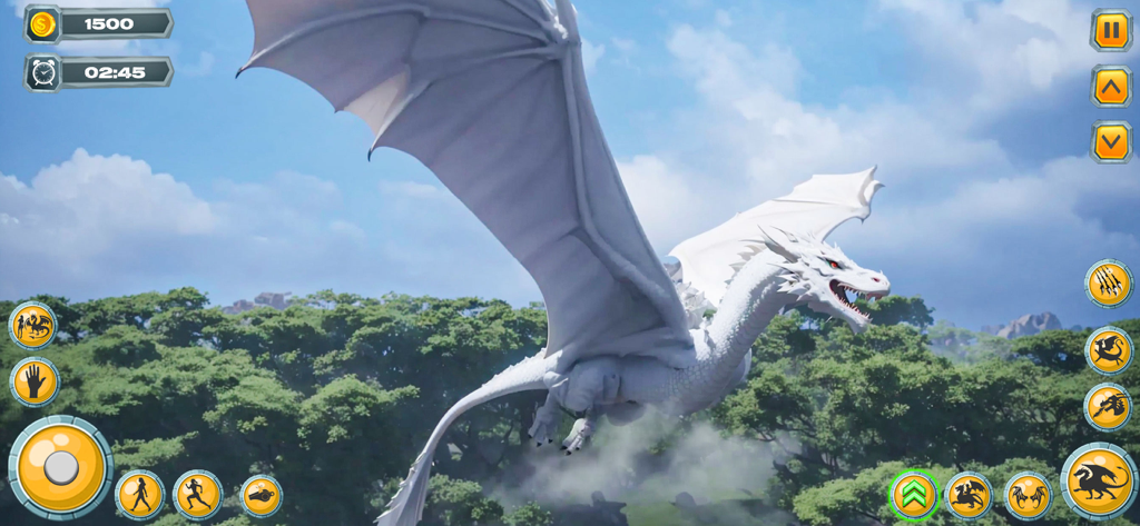 Um dragão branco voando sobre uma floresta verde exuberante em um ambiente de jogo de simulação 3D com ícones de interface do usuário