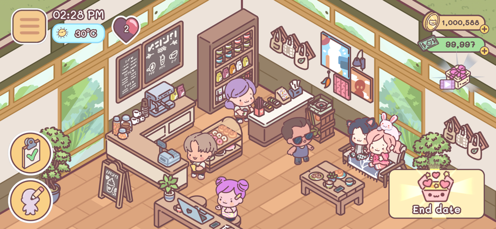 Pocket Love! - Uma cena aconchegante de café em Pocket Love com personagens fofos e decorações em tons pastel.