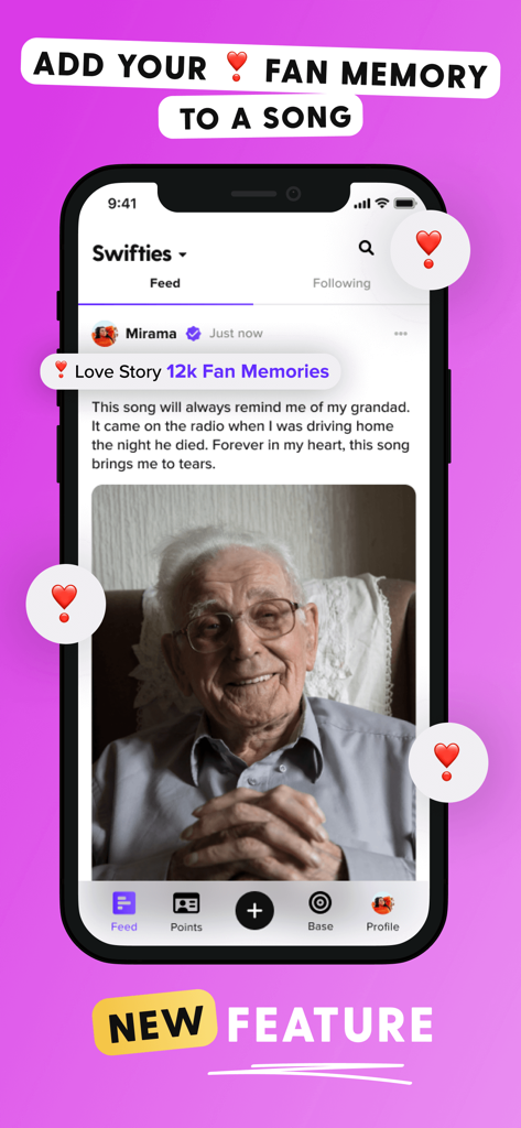 Fave - For Passionate Fans - Captura de pantalla de la app Fave mostrando a un usuario compartiendo un recuerdo personal de fan de una canción dentro de la comunidad Swifties