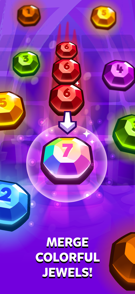 Gameplay screenshot of Bubbu Jewels showing red gems with number six merging into a rainbow gem with number seven.