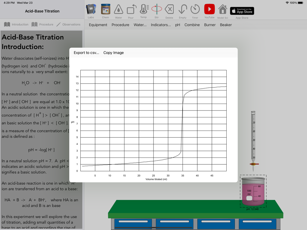 Model ChemLab Lite for iPad - Model ChemLab Lite app showing an acid base titration experiment with a pH curve graph and virtual laboratory equipment