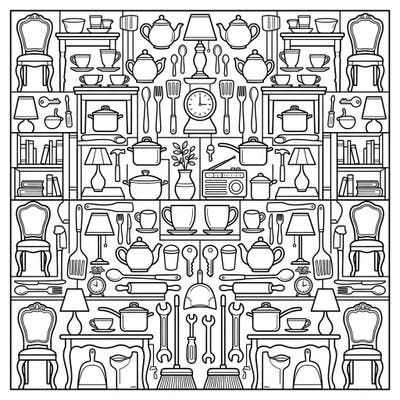 Discover an intricate grid pattern overflowing with familiar household items, from furniture to kitchen utensils and tools. This detailed design offers a unique and engaging coloring experience for all ages.