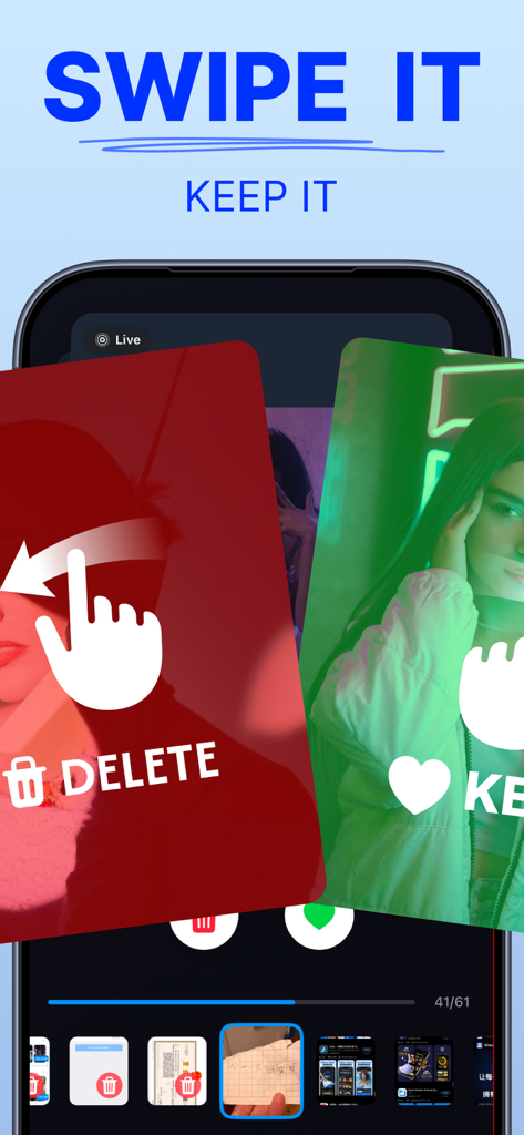 ClearMind:Photo Boost Cleaner - Una pantalla de iPhone mostrando la interfaz de gesto de deslizamiento de la app ClearMind para eliminar o conservar fotos