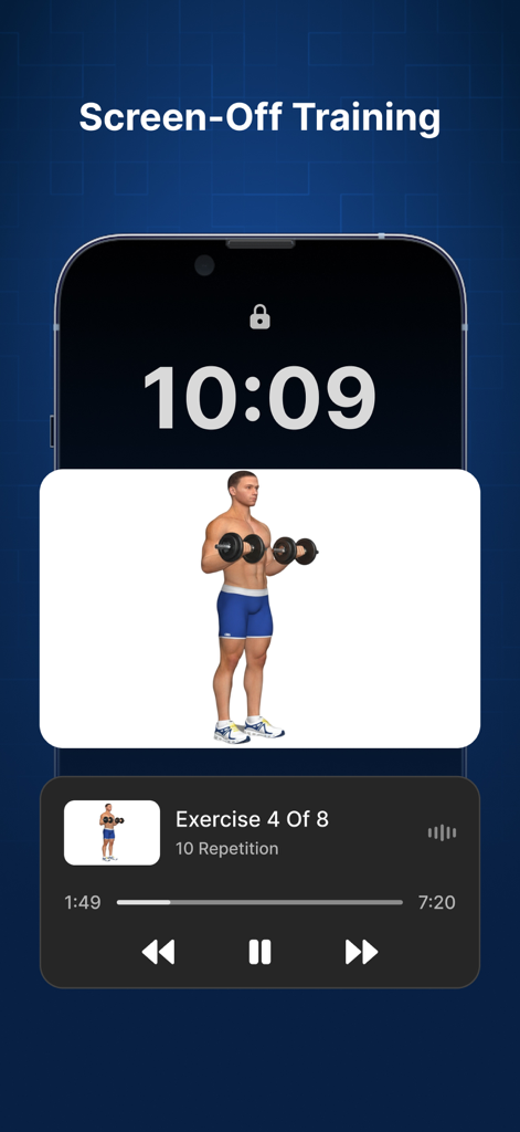 P4P Armify: Arm Workout - App P4P Armify mostrando entrenamiento con pantalla apagada con animación de entrenamiento y controles en la pantalla de bloqueo del iPhone