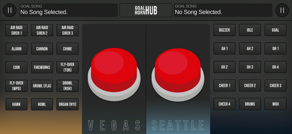 Goal Horn Hub - Dual goal horn control screen for Vegas and Seattle teams