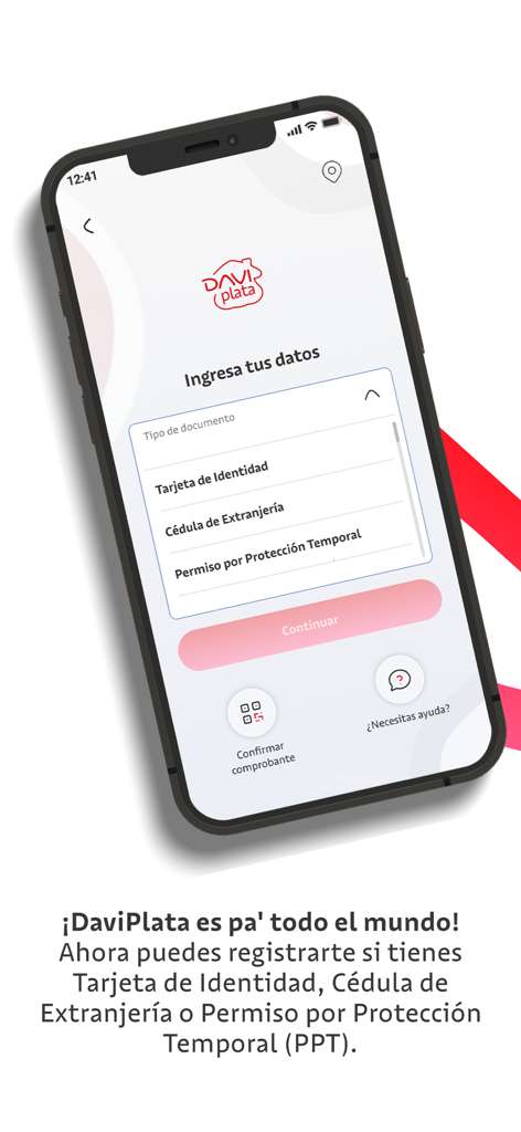 DaviPlata app registration screen showing identity document selection options like Cédula de Extranjería and PPT