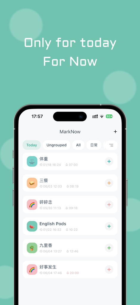 MarkNow: Habit & Daily Tracker - iPhone screen showing MarkNow habit tracker with daily logs for health mood and productivity