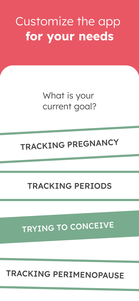Trying to Conceive & Pregnancy - OvuFriend app screen for choosing tracking goals including pregnancy periods trying to conceive and perimenopause