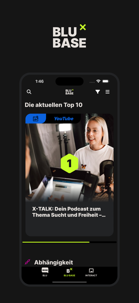blu:app - Screenshot of the blu:app interface displaying the BLU BASE section with a featured podcast on addiction and freedom.